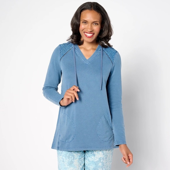 Logo Life Sweaters - LOGO Life by Lori Goldstein French Terry Pullover Hoodie w Pintuck Steel Blue S